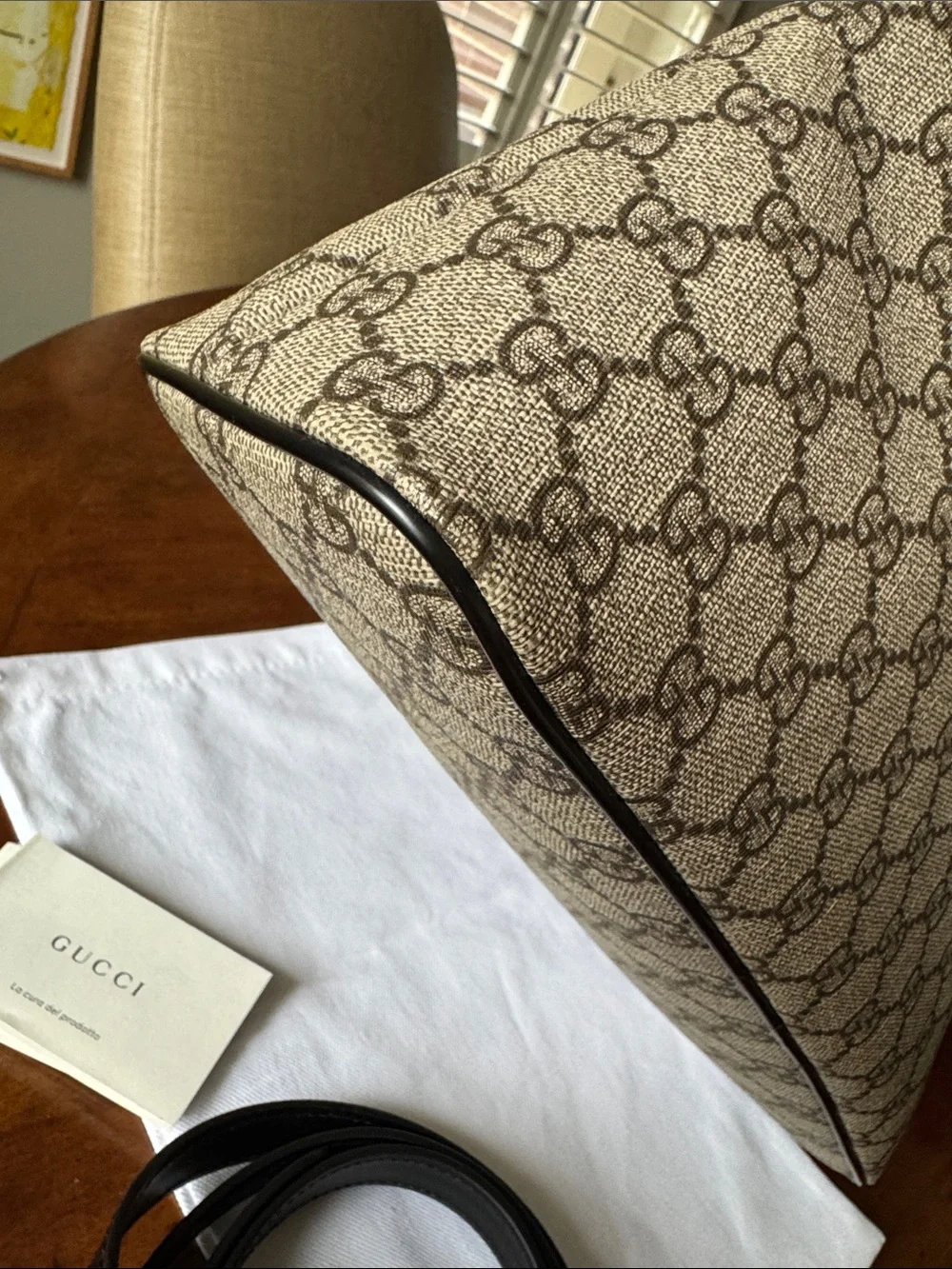 Gucci Beige GG Canvas Satchel with Black Leather Trim